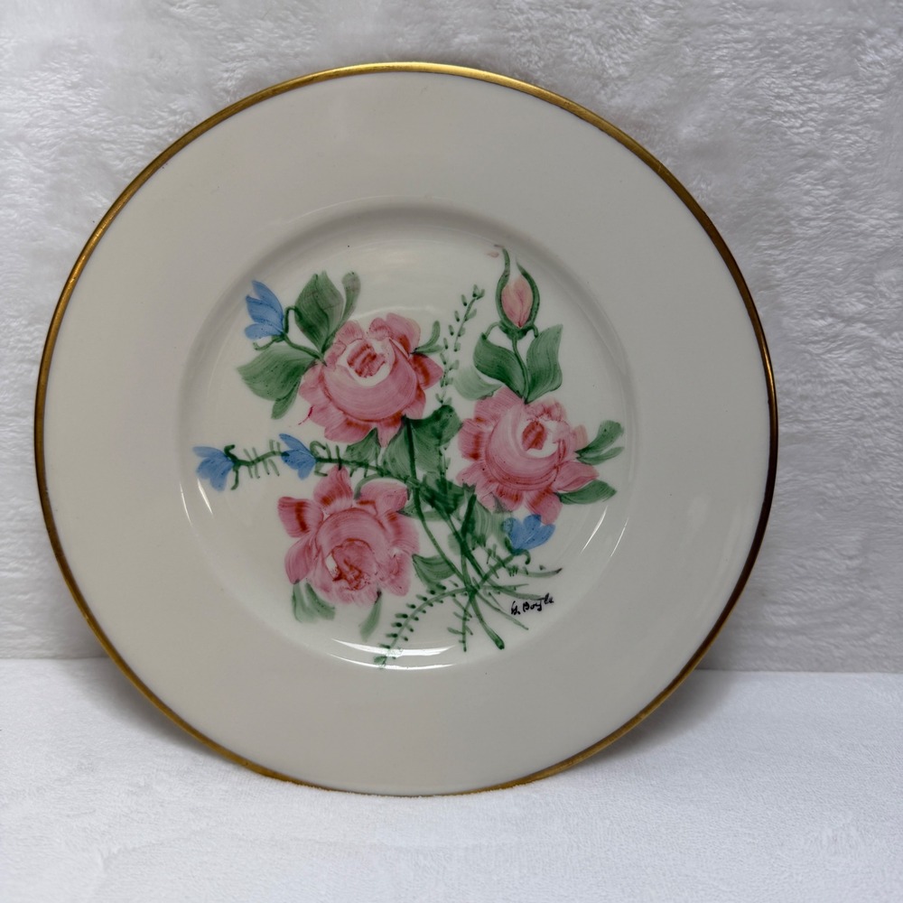 Bern Lan Fine China Bread Plate Signed‎ G Boyd Pink Roses Blue Flowers Gold Trim